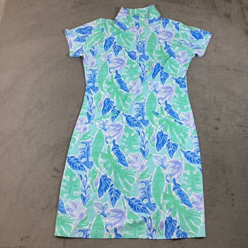 IBKUL Womens Tropical Leaf Print UPF 50+ Mock Neck Quarter Zip Golf Dress Medium